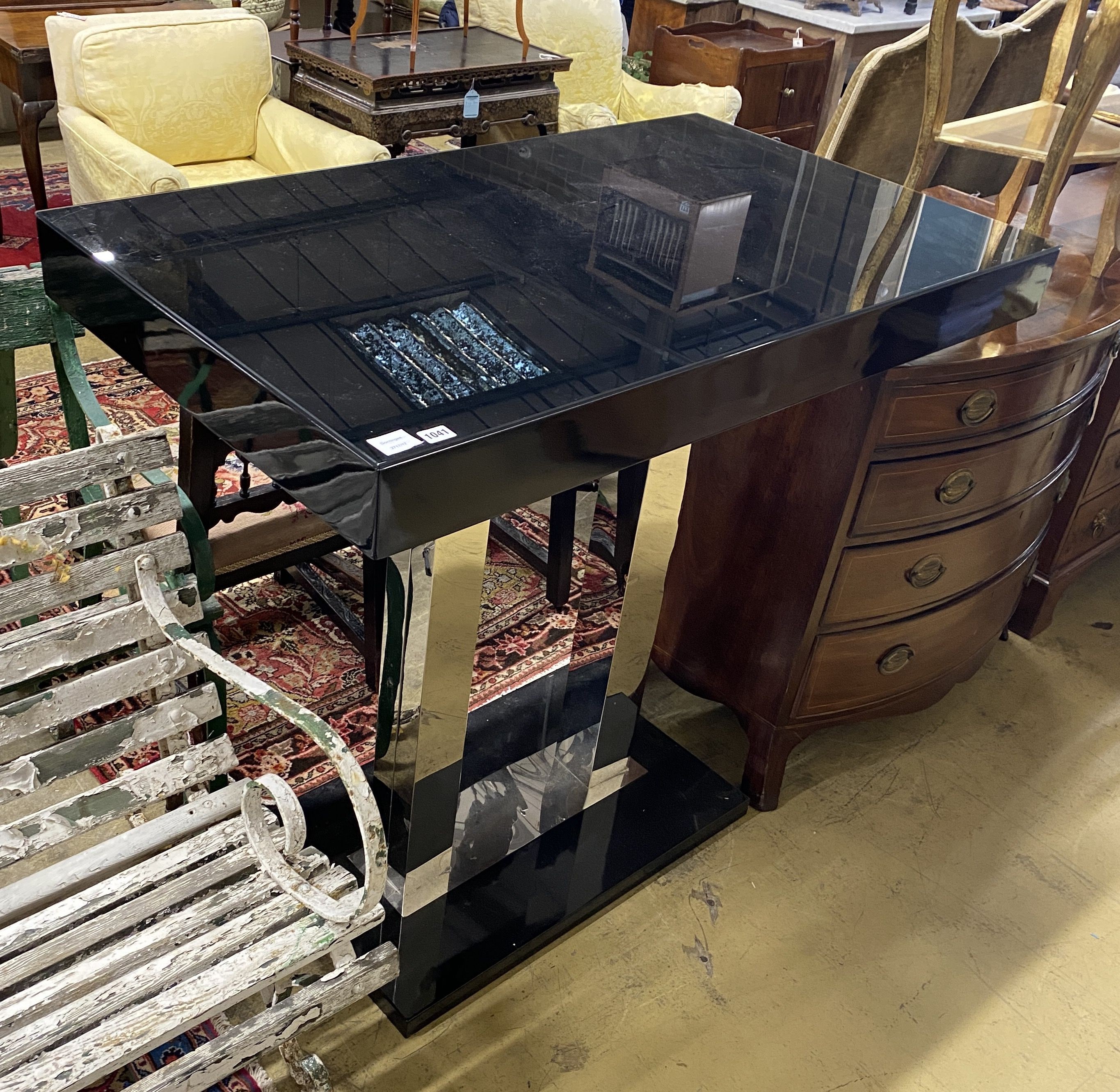 A 20th century modernist chrome and black glass console table, width 119cm, depth 70cm, height 111cm